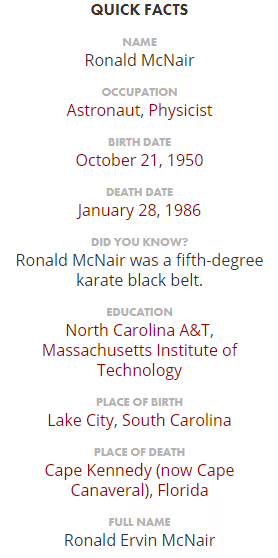 Ronald McNair Facts Ronald McNair Facts